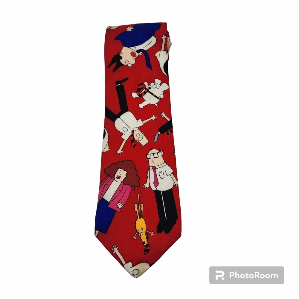 Dilbert Graphic Novelty Necktie Mens 100% Silk Red All Over Print 59" READ